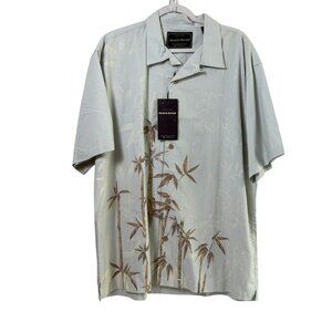 North River Button Front Shirt Size L Blue‎ Hawaiian PalmTrees Wood Buttons NWT